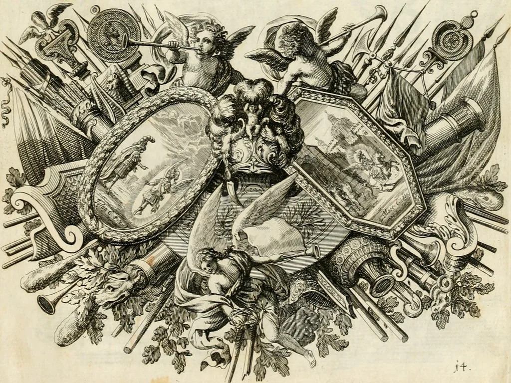 An illustration from Biblisches Engel- u[nd] Kunst Werck : alles das jenige, was in heiliger göttlicher Schrifft Altes und Neuen Testaments von den heiligen Engeln Gottes dero erscheinungen tersichtungen bottschaffte[n] u[nd] gesandschaffte[n], auf mancherley Art und Weise auss Göttlicher Verordnung zu finden ist ... : in zierlichen Kupffern, mit beijgefügten Teutschen Erklärungs und Andachts- Reimen vorstellend : mit Fleiss zusammen getragen, in Kupfer gestochen und verlegt, 1694, leaf 50