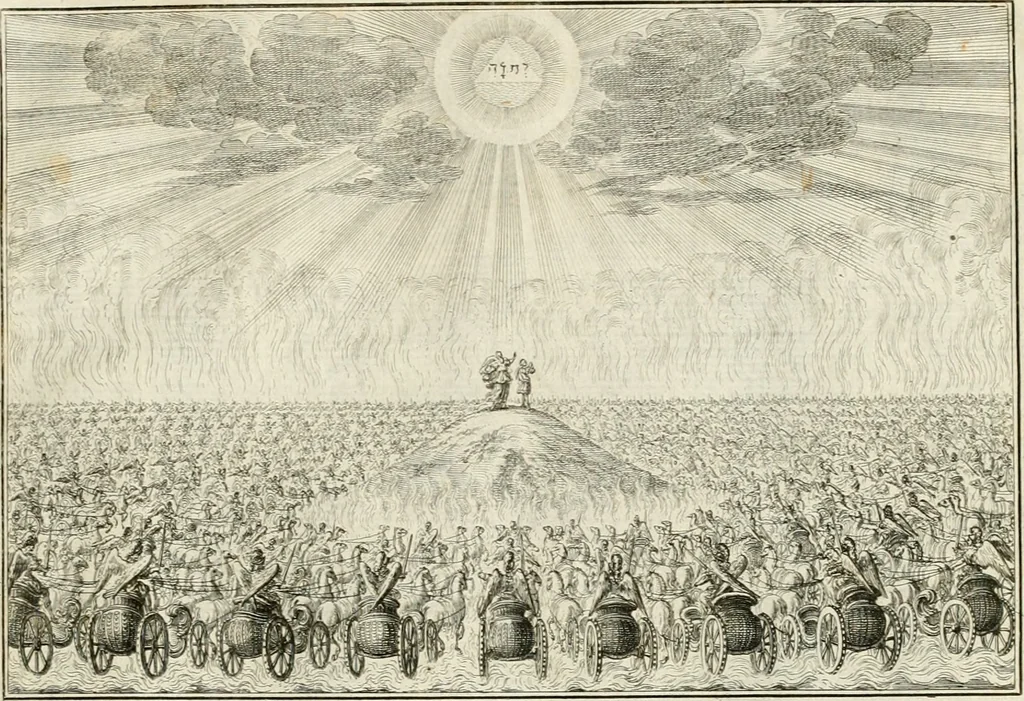 An illustration from Biblisches Engel- u[nd] Kunst Werck : alles das jenige, was in heiliger göttlicher Schrifft Altes und Neuen Testaments von den heiligen Engeln Gottes dero erscheinungen tersichtungen bottschaffte[n] u[nd] gesandschaffte[n], auf mancherley Art und Weise auss Göttlicher Verordnung zu finden ist ... : in zierlichen Kupffern, mit beijgefügten Teutschen Erklärungs und Andachts- Reimen vorstellend : mit Fleiss zusammen getragen, in Kupfer gestochen und verlegt, 1694, leaf 52