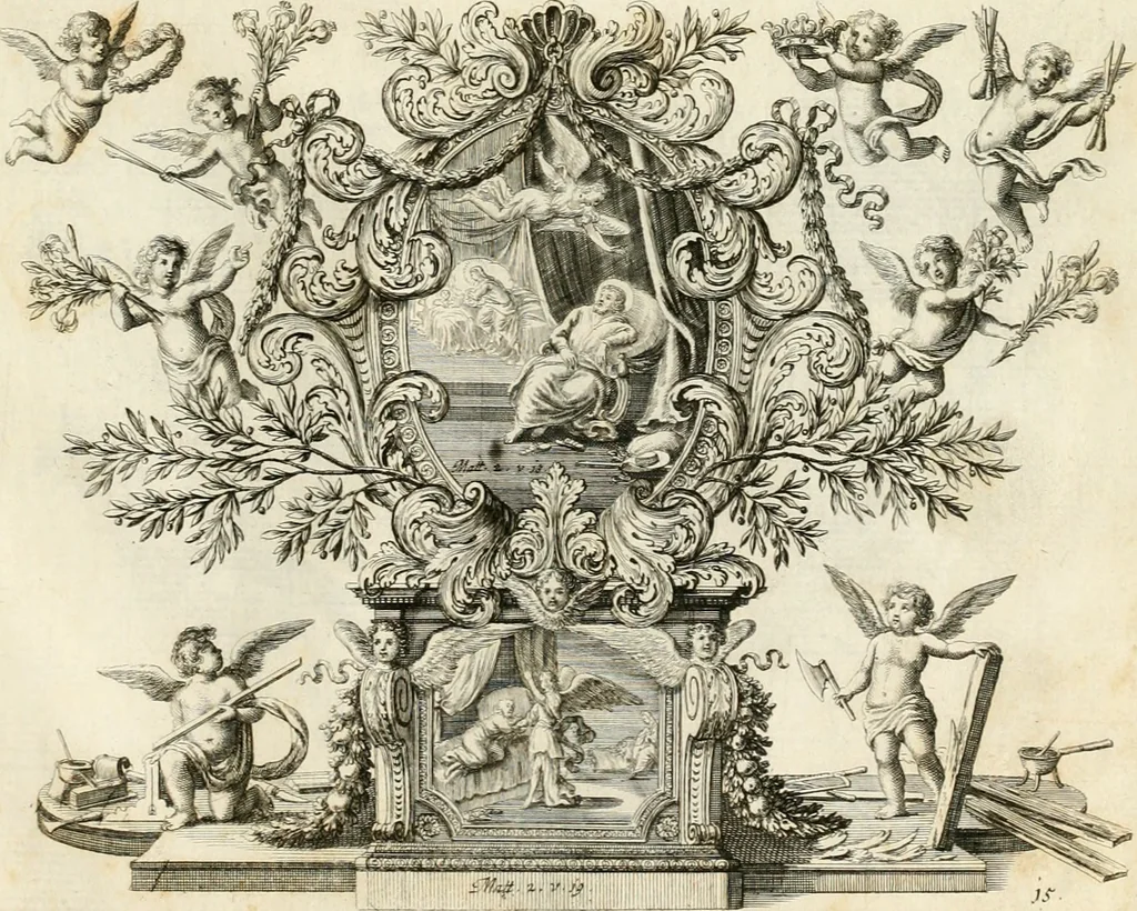 An illustration from Biblisches Engel- u[nd] Kunst Werck : alles das jenige, was in heiliger göttlicher Schrifft Altes und Neuen Testaments von den heiligen Engeln Gottes dero erscheinungen tersichtungen bottschaffte[n] u[nd] gesandschaffte[n], auf mancherley Art und Weise auss Göttlicher Verordnung zu finden ist ... : in zierlichen Kupffern, mit beijgefügten Teutschen Erklärungs und Andachts- Reimen vorstellend : mit Fleiss zusammen getragen, in Kupfer gestochen und verlegt, 1694, leaf 52