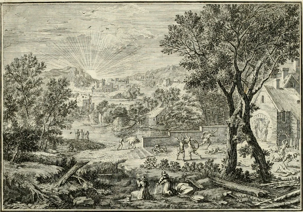 An illustration from Biblisches Engel- u[nd] Kunst Werck : alles das jenige, was in heiliger göttlicher Schrifft Altes und Neuen Testaments von den heiligen Engeln Gottes dero erscheinungen tersichtungen bottschaffte[n] u[nd] gesandschaffte[n], auf mancherley Art und Weise auss Göttlicher Verordnung zu finden ist ... : in zierlichen Kupffern, mit beijgefügten Teutschen Erklärungs und Andachts- Reimen vorstellend : mit Fleiss zusammen getragen, in Kupfer gestochen und verlegt, 1694, leaf 54