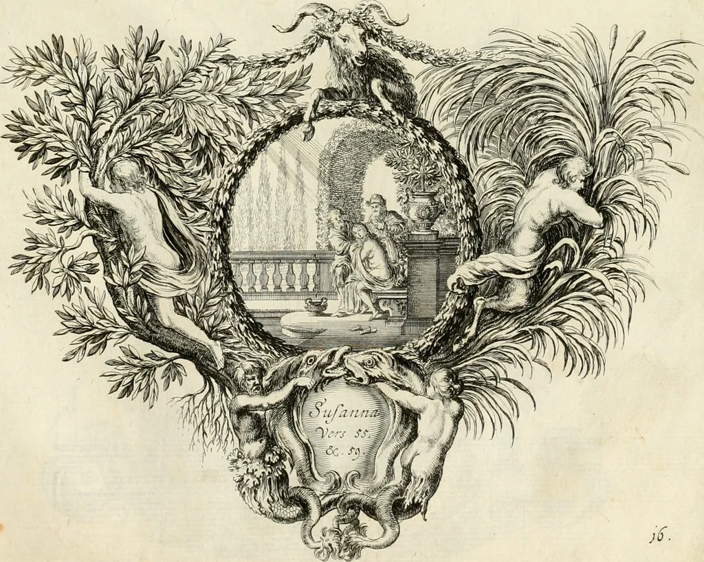 An illustration from Biblisches Engel- u[nd] Kunst Werck : alles das jenige, was in heiliger göttlicher Schrifft Altes und Neuen Testaments von den heiligen Engeln Gottes dero erscheinungen tersichtungen bottschaffte[n] u[nd] gesandschaffte[n], auf mancherley Art und Weise auss Göttlicher Verordnung zu finden ist ... : in zierlichen Kupffern, mit beijgefügten Teutschen Erklärungs und Andachts- Reimen vorstellend : mit Fleiss zusammen getragen, in Kupfer gestochen und verlegt, 1694, leaf 54
