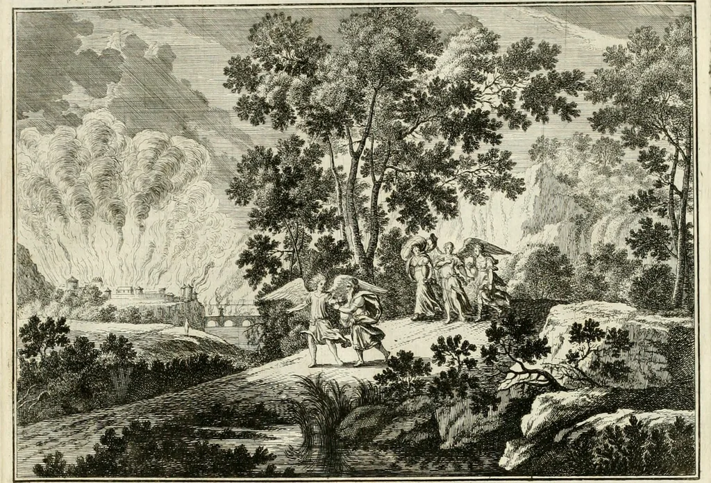 An illustration from Biblisches Engel- u[nd] Kunst Werck : alles das jenige, was in heiliger göttlicher Schrifft Altes und Neuen Testaments von den heiligen Engeln Gottes dero erscheinungen tersichtungen bottschaffte[n] u[nd] gesandschaffte[n], auf mancherley Art und Weise auss Göttlicher Verordnung zu finden ist ... : in zierlichen Kupffern, mit beijgefügten Teutschen Erklärungs und Andachts- Reimen vorstellend : mit Fleiss zusammen getragen, in Kupfer gestochen und verlegt, 1694, leaf 56