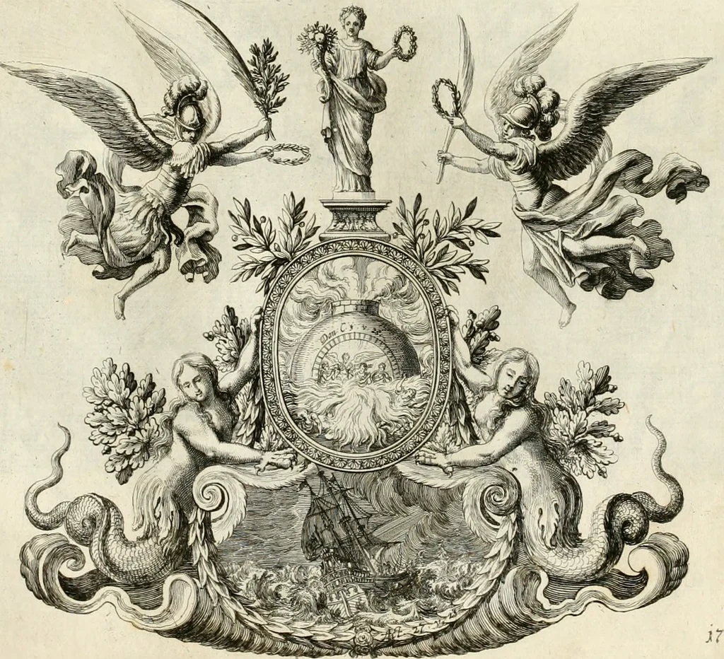 An illustration from Biblisches Engel- u[nd] Kunst Werck : alles das jenige, was in heiliger göttlicher Schrifft Altes und Neuen Testaments von den heiligen Engeln Gottes dero erscheinungen tersichtungen bottschaffte[n] u[nd] gesandschaffte[n], auf mancherley Art und Weise auss Göttlicher Verordnung zu finden ist ... : in zierlichen Kupffern, mit beijgefügten Teutschen Erklärungs und Andachts- Reimen vorstellend : mit Fleiss zusammen getragen, in Kupfer gestochen und verlegt, 1694, leaf 56