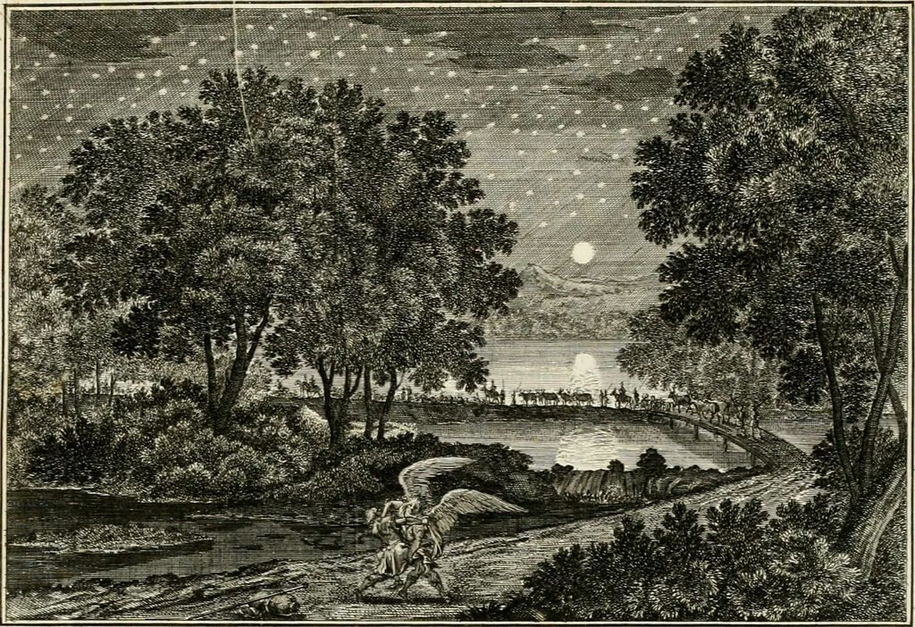 An illustration from Biblisches Engel- u[nd] Kunst Werck : alles das jenige, was in heiliger göttlicher Schrifft Altes und Neuen Testaments von den heiligen Engeln Gottes dero erscheinungen tersichtungen bottschaffte[n] u[nd] gesandschaffte[n], auf mancherley Art und Weise auss Göttlicher Verordnung zu finden ist ... : in zierlichen Kupffern, mit beijgefügten Teutschen Erklärungs und Andachts- Reimen vorstellend : mit Fleiss zusammen getragen, in Kupfer gestochen und verlegt, 1694, leaf 58