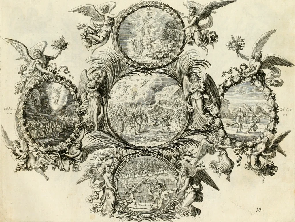 An illustration from Biblisches Engel- u[nd] Kunst Werck : alles das jenige, was in heiliger göttlicher Schrifft Altes und Neuen Testaments von den heiligen Engeln Gottes dero erscheinungen tersichtungen bottschaffte[n] u[nd] gesandschaffte[n], auf mancherley Art und Weise auss Göttlicher Verordnung zu finden ist ... : in zierlichen Kupffern, mit beijgefügten Teutschen Erklärungs und Andachts- Reimen vorstellend : mit Fleiss zusammen getragen, in Kupfer gestochen und verlegt, 1694, leaf 58