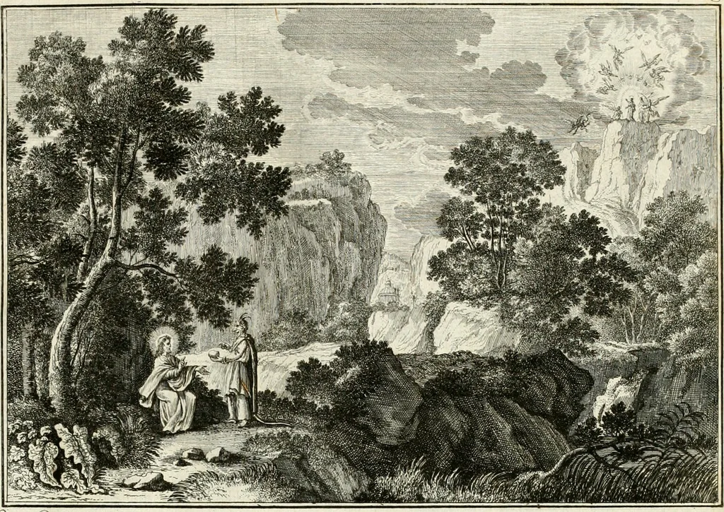 An illustration from Biblisches Engel- u[nd] Kunst Werck : alles das jenige, was in heiliger göttlicher Schrifft Altes und Neuen Testaments von den heiligen Engeln Gottes dero erscheinungen tersichtungen bottschaffte[n] u[nd] gesandschaffte[n], auf mancherley Art und Weise auss Göttlicher Verordnung zu finden ist ... : in zierlichen Kupffern, mit beijgefügten Teutschen Erklärungs und Andachts- Reimen vorstellend : mit Fleiss zusammen getragen, in Kupfer gestochen und verlegt, 1694, leaf 60