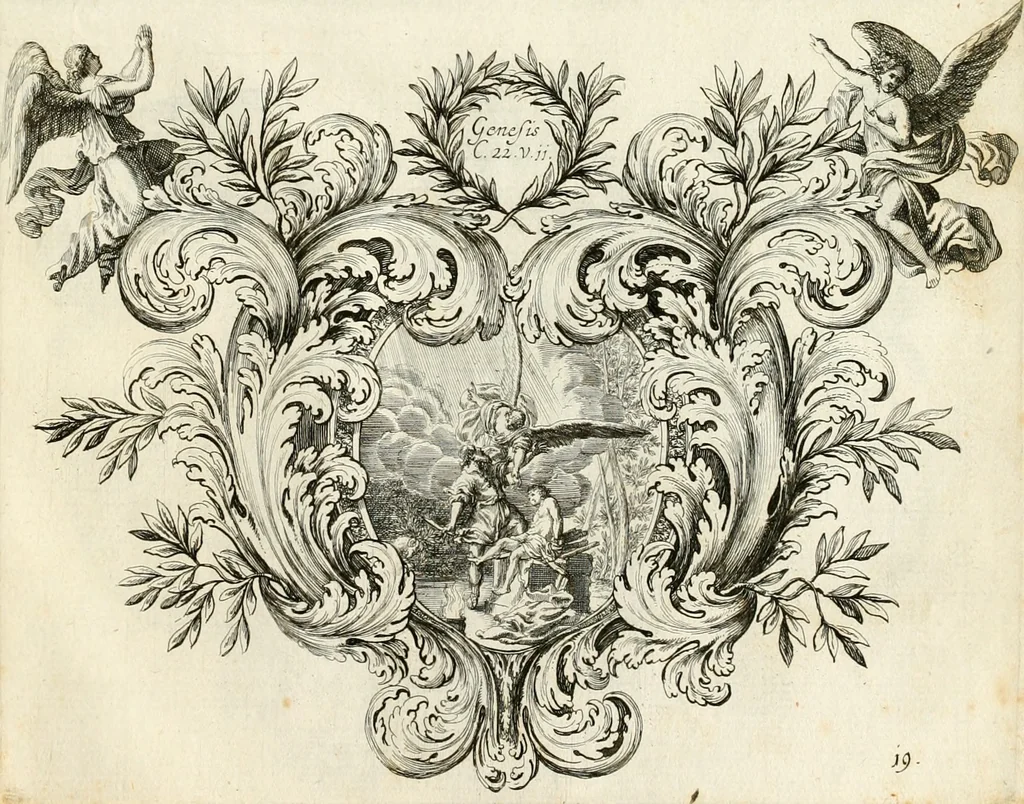An illustration from Biblisches Engel- u[nd] Kunst Werck : alles das jenige, was in heiliger göttlicher Schrifft Altes und Neuen Testaments von den heiligen Engeln Gottes dero erscheinungen tersichtungen bottschaffte[n] u[nd] gesandschaffte[n], auf mancherley Art und Weise auss Göttlicher Verordnung zu finden ist ... : in zierlichen Kupffern, mit beijgefügten Teutschen Erklärungs und Andachts- Reimen vorstellend : mit Fleiss zusammen getragen, in Kupfer gestochen und verlegt, 1694, leaf 60