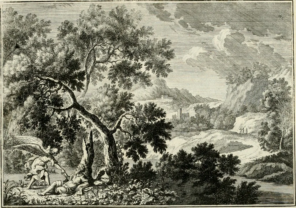 An illustration from Biblisches Engel- u[nd] Kunst Werck : alles das jenige, was in heiliger göttlicher Schrifft Altes und Neuen Testaments von den heiligen Engeln Gottes dero erscheinungen tersichtungen bottschaffte[n] u[nd] gesandschaffte[n], auf mancherley Art und Weise auss Göttlicher Verordnung zu finden ist ... : in zierlichen Kupffern, mit beijgefügten Teutschen Erklärungs und Andachts- Reimen vorstellend : mit Fleiss zusammen getragen, in Kupfer gestochen und verlegt, 1694, leaf 62