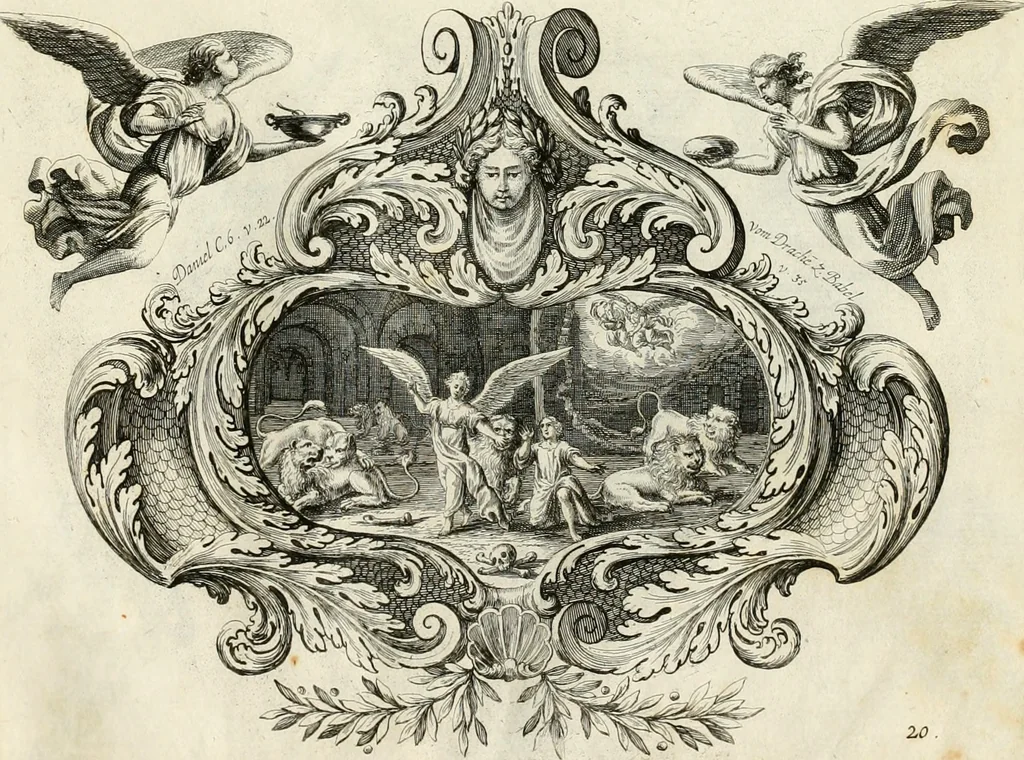An illustration from Biblisches Engel- u[nd] Kunst Werck : alles das jenige, was in heiliger göttlicher Schrifft Altes und Neuen Testaments von den heiligen Engeln Gottes dero erscheinungen tersichtungen bottschaffte[n] u[nd] gesandschaffte[n], auf mancherley Art und Weise auss Göttlicher Verordnung zu finden ist ... : in zierlichen Kupffern, mit beijgefügten Teutschen Erklärungs und Andachts- Reimen vorstellend : mit Fleiss zusammen getragen, in Kupfer gestochen und verlegt, 1694, leaf 62