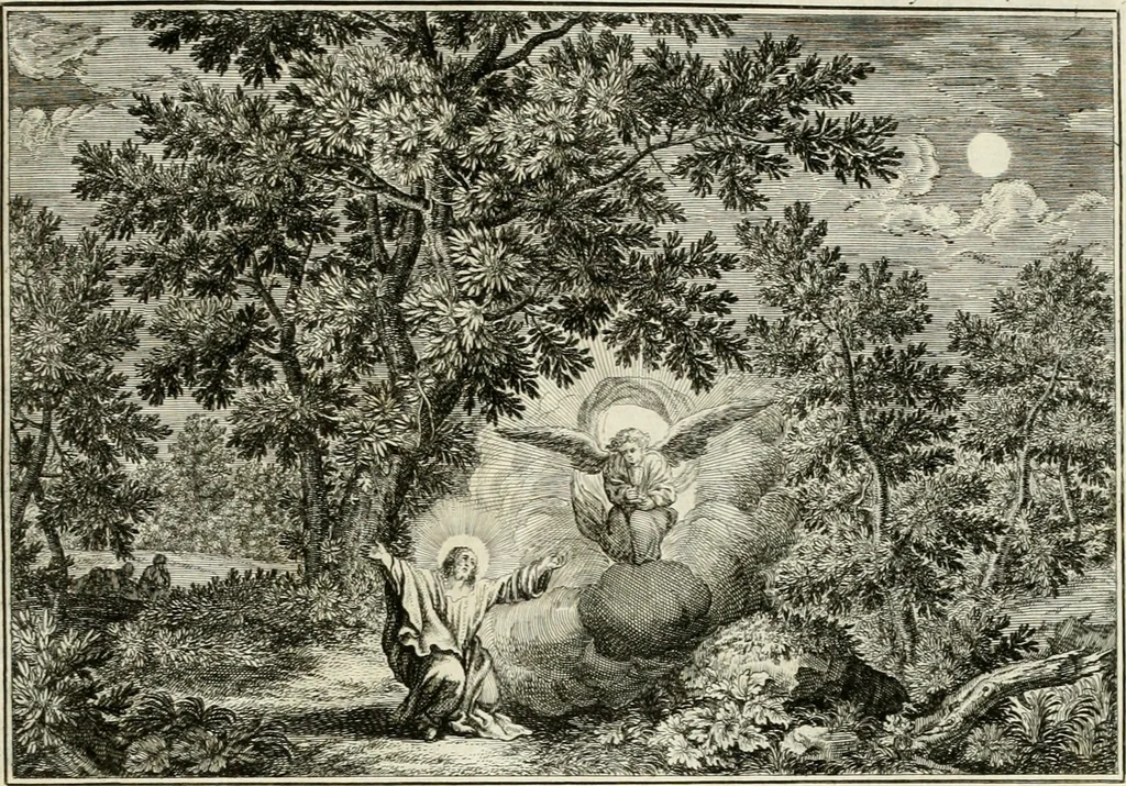 An illustration from Biblisches Engel- u[nd] Kunst Werck : alles das jenige, was in heiliger göttlicher Schrifft Altes und Neuen Testaments von den heiligen Engeln Gottes dero erscheinungen tersichtungen bottschaffte[n] u[nd] gesandschaffte[n], auf mancherley Art und Weise auss Göttlicher Verordnung zu finden ist ... : in zierlichen Kupffern, mit beijgefügten Teutschen Erklärungs und Andachts- Reimen vorstellend : mit Fleiss zusammen getragen, in Kupfer gestochen und verlegt, 1694, leaf 64