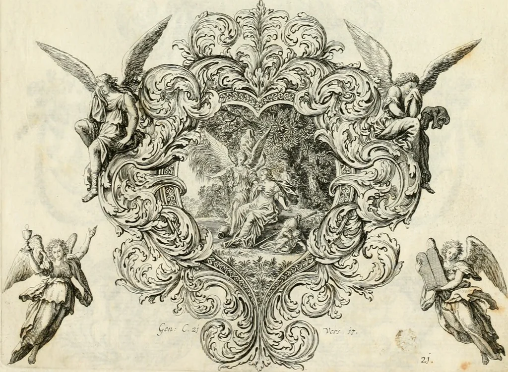 An illustration from Biblisches Engel- u[nd] Kunst Werck : alles das jenige, was in heiliger göttlicher Schrifft Altes und Neuen Testaments von den heiligen Engeln Gottes dero erscheinungen tersichtungen bottschaffte[n] u[nd] gesandschaffte[n], auf mancherley Art und Weise auss Göttlicher Verordnung zu finden ist ... : in zierlichen Kupffern, mit beijgefügten Teutschen Erklärungs und Andachts- Reimen vorstellend : mit Fleiss zusammen getragen, in Kupfer gestochen und verlegt, 1694, leaf 64