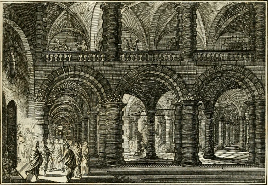 An illustration from Biblisches Engel- u[nd] Kunst Werck : alles das jenige, was in heiliger göttlicher Schrifft Altes und Neuen Testaments von den heiligen Engeln Gottes dero erscheinungen tersichtungen bottschaffte[n] u[nd] gesandschaffte[n], auf mancherley Art und Weise auss Göttlicher Verordnung zu finden ist ... : in zierlichen Kupffern, mit beijgefügten Teutschen Erklärungs und Andachts- Reimen vorstellend : mit Fleiss zusammen getragen, in Kupfer gestochen und verlegt, 1694, leaf 66
