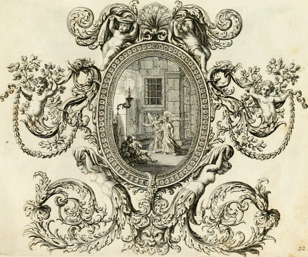 An illustration from Biblisches Engel- u[nd] Kunst Werck : alles das jenige, was in heiliger göttlicher Schrifft Altes und Neuen Testaments von den heiligen Engeln Gottes dero erscheinungen tersichtungen bottschaffte[n] u[nd] gesandschaffte[n], auf mancherley Art und Weise auss Göttlicher Verordnung zu finden ist ... : in zierlichen Kupffern, mit beijgefügten Teutschen Erklärungs und Andachts- Reimen vorstellend : mit Fleiss zusammen getragen, in Kupfer gestochen und verlegt, 1694, leaf 66