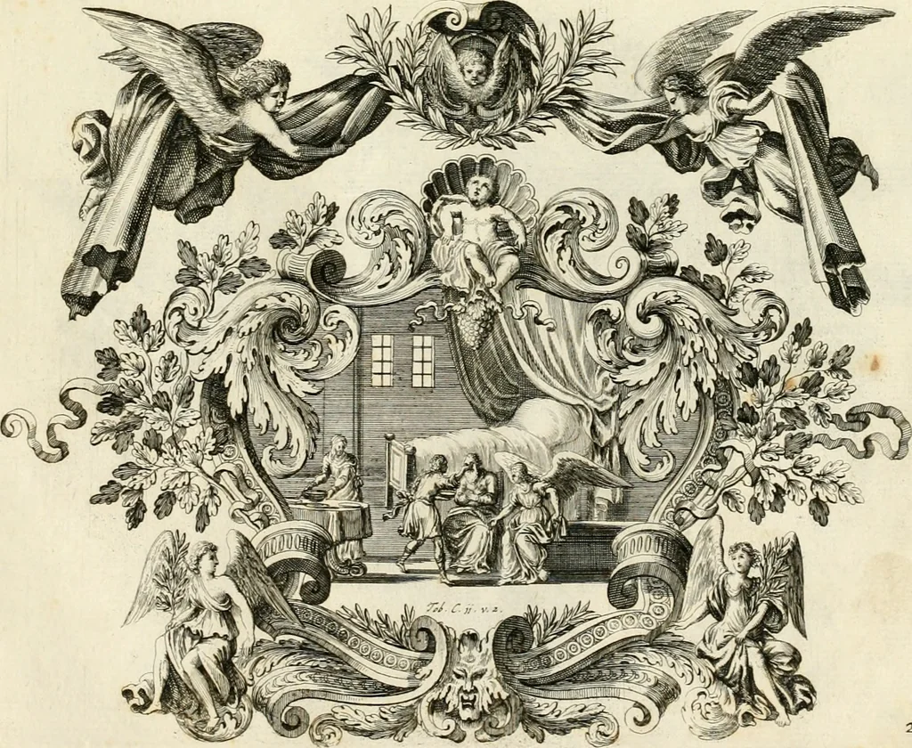 An illustration from Biblisches Engel- u[nd] Kunst Werck : alles das jenige, was in heiliger göttlicher Schrifft Altes und Neuen Testaments von den heiligen Engeln Gottes dero erscheinungen tersichtungen bottschaffte[n] u[nd] gesandschaffte[n], auf mancherley Art und Weise auss Göttlicher Verordnung zu finden ist ... : in zierlichen Kupffern, mit beijgefügten Teutschen Erklärungs und Andachts- Reimen vorstellend : mit Fleiss zusammen getragen, in Kupfer gestochen und verlegt, 1694, leaf 68