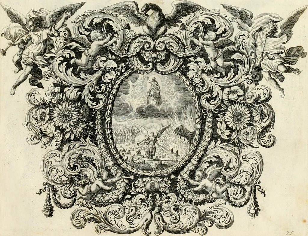 An illustration from Biblisches Engel- u[nd] Kunst Werck : alles das jenige, was in heiliger göttlicher Schrifft Altes und Neuen Testaments von den heiligen Engeln Gottes dero erscheinungen tersichtungen bottschaffte[n] u[nd] gesandschaffte[n], auf mancherley Art und Weise auss Göttlicher Verordnung zu finden ist ... : in zierlichen Kupffern, mit beijgefügten Teutschen Erklärungs und Andachts- Reimen vorstellend : mit Fleiss zusammen getragen, in Kupfer gestochen und verlegt, 1694, leaf 72