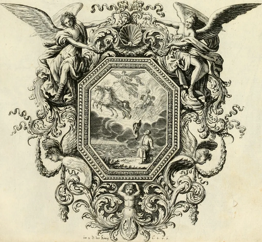 An illustration from Biblisches Engel- u[nd] Kunst Werck : alles das jenige, was in heiliger göttlicher Schrifft Altes und Neuen Testaments von den heiligen Engeln Gottes dero erscheinungen tersichtungen bottschaffte[n] u[nd] gesandschaffte[n], auf mancherley Art und Weise auss Göttlicher Verordnung zu finden ist ... : in zierlichen Kupffern, mit beijgefügten Teutschen Erklärungs und Andachts- Reimen vorstellend : mit Fleiss zusammen getragen, in Kupfer gestochen und verlegt, 1694, leaf 74