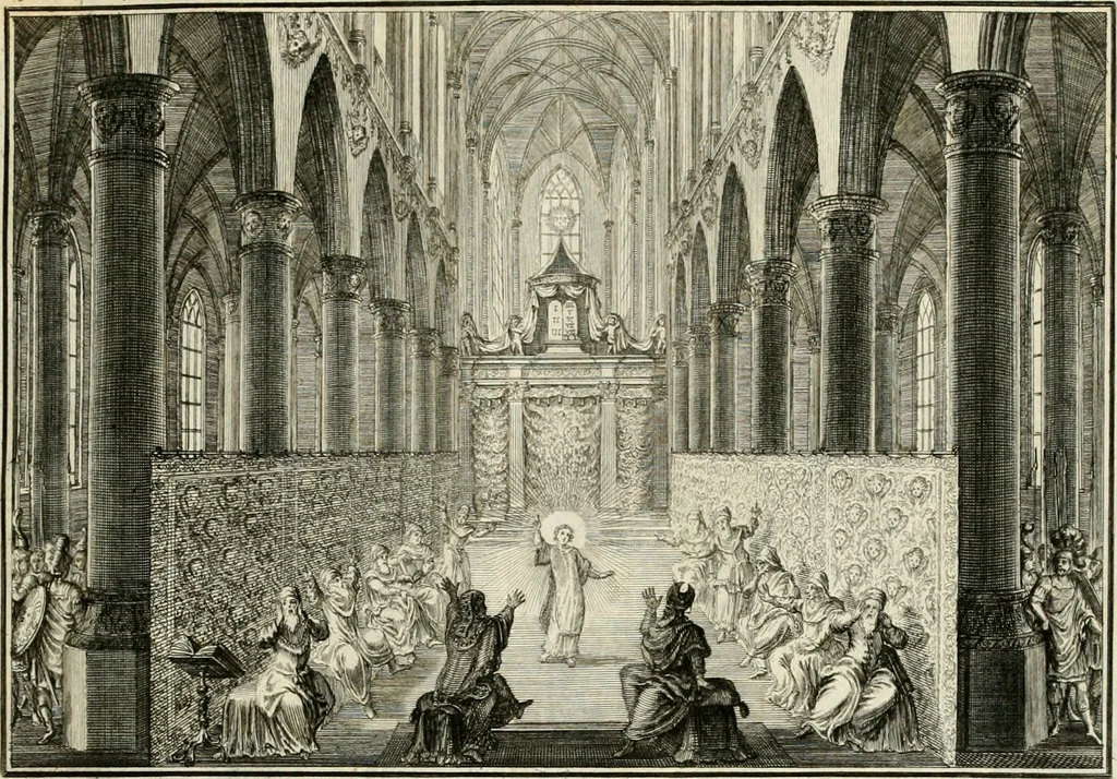 An illustration from Biblisches Engel- u[nd] Kunst Werck : alles das jenige, was in heiliger göttlicher Schrifft Altes und Neuen Testaments von den heiligen Engeln Gottes dero erscheinungen tersichtungen bottschaffte[n] u[nd] gesandschaffte[n], auf mancherley Art und Weise auss Göttlicher Verordnung zu finden ist ... : in zierlichen Kupffern, mit beijgefügten Teutschen Erklärungs und Andachts- Reimen vorstellend : mit Fleiss zusammen getragen, in Kupfer gestochen und verlegt, 1694, leaf 76