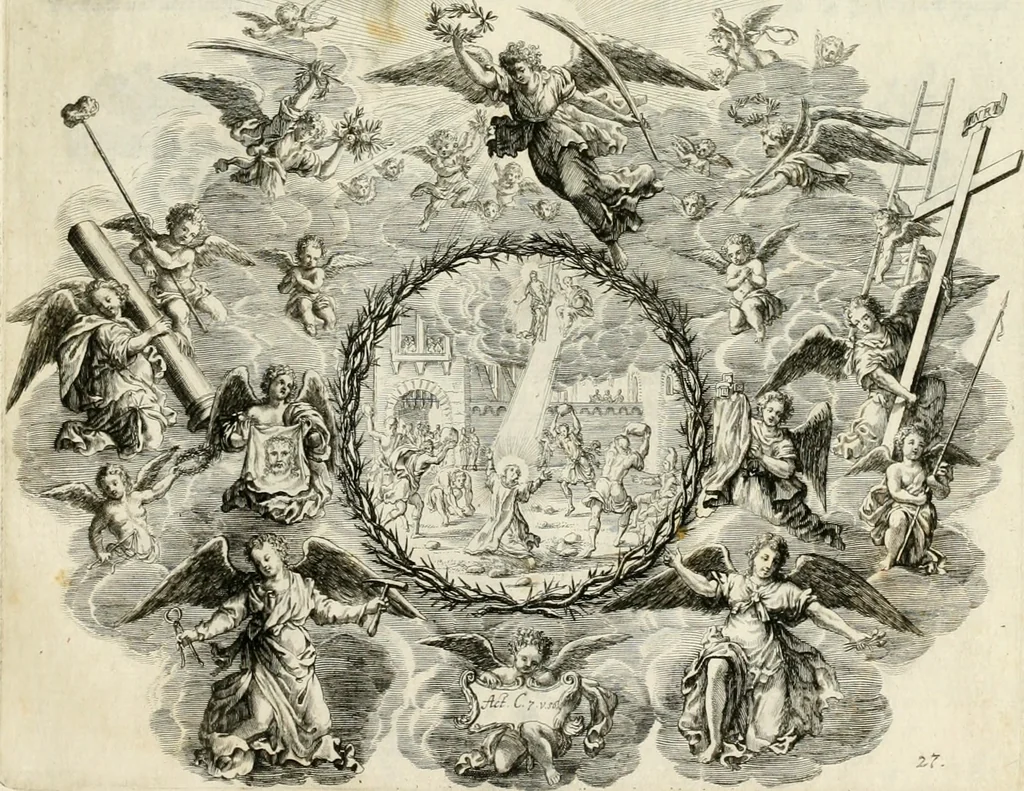 An illustration from Biblisches Engel- u[nd] Kunst Werck : alles das jenige, was in heiliger göttlicher Schrifft Altes und Neuen Testaments von den heiligen Engeln Gottes dero erscheinungen tersichtungen bottschaffte[n] u[nd] gesandschaffte[n], auf mancherley Art und Weise auss Göttlicher Verordnung zu finden ist ... : in zierlichen Kupffern, mit beijgefügten Teutschen Erklärungs und Andachts- Reimen vorstellend : mit Fleiss zusammen getragen, in Kupfer gestochen und verlegt, 1694, leaf 76