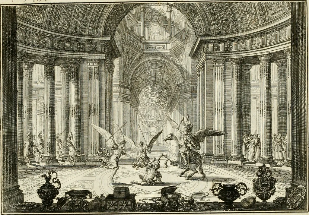 An illustration from Biblisches Engel- u[nd] Kunst Werck : alles das jenige, was in heiliger göttlicher Schrifft Altes und Neuen Testaments von den heiligen Engeln Gottes dero erscheinungen tersichtungen bottschaffte[n] u[nd] gesandschaffte[n], auf mancherley Art und Weise auss Göttlicher Verordnung zu finden ist ... : in zierlichen Kupffern, mit beijgefügten Teutschen Erklärungs und Andachts- Reimen vorstellend : mit Fleiss zusammen getragen, in Kupfer gestochen und verlegt, 1694, leaf 78