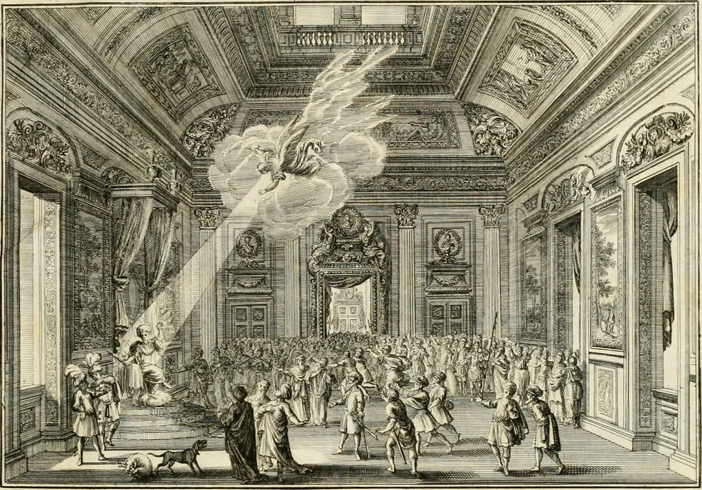 An illustration from Biblisches Engel- u[nd] Kunst Werck : alles das jenige, was in heiliger göttlicher Schrifft Altes und Neuen Testaments von den heiligen Engeln Gottes dero erscheinungen tersichtungen bottschaffte[n] u[nd] gesandschaffte[n], auf mancherley Art und Weise auss Göttlicher Verordnung zu finden ist ... : in zierlichen Kupffern, mit beijgefügten Teutschen Erklärungs und Andachts- Reimen vorstellend : mit Fleiss zusammen getragen, in Kupfer gestochen und verlegt, 1694, leaf 80