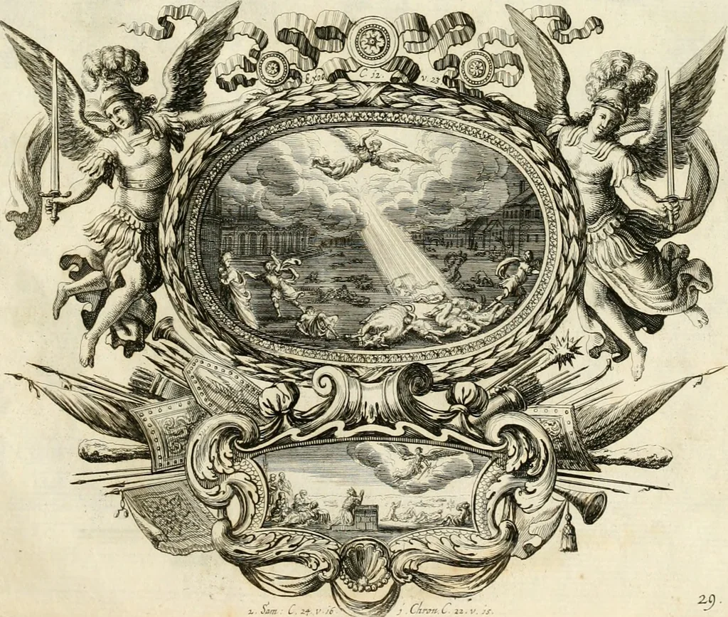 An illustration from Biblisches Engel- u[nd] Kunst Werck : alles das jenige, was in heiliger göttlicher Schrifft Altes und Neuen Testaments von den heiligen Engeln Gottes dero erscheinungen tersichtungen bottschaffte[n] u[nd] gesandschaffte[n], auf mancherley Art und Weise auss Göttlicher Verordnung zu finden ist ... : in zierlichen Kupffern, mit beijgefügten Teutschen Erklärungs und Andachts- Reimen vorstellend : mit Fleiss zusammen getragen, in Kupfer gestochen und verlegt, 1694, leaf 80