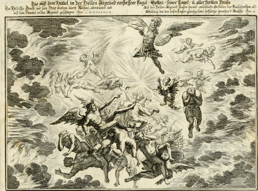 An illustration from Biblisches Engel- u[nd] Kunst Werck : alles das jenige, was in heiliger göttlicher Schrifft Altes und Neuen Testaments von den heiligen Engeln Gottes dero erscheinungen tersichtungen bottschaffte[n] u[nd] gesandschaffte[n], auf mancherley Art und Weise auss Göttlicher Verordnung zu finden ist ... : in zierlichen Kupffern, mit beijgefügten Teutschen Erklärungs und Andachts- Reimen vorstellend : mit Fleiss zusammen getragen, in Kupfer gestochen und verlegt, 1694, leaf 82