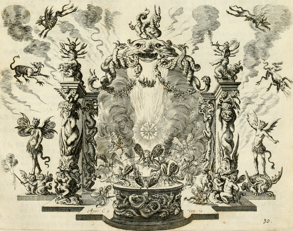 An illustration from Biblisches Engel- u[nd] Kunst Werck : alles das jenige, was in heiliger göttlicher Schrifft Altes und Neuen Testaments von den heiligen Engeln Gottes dero erscheinungen tersichtungen bottschaffte[n] u[nd] gesandschaffte[n], auf mancherley Art und Weise auss Göttlicher Verordnung zu finden ist ... : in zierlichen Kupffern, mit beijgefügten Teutschen Erklärungs und Andachts- Reimen vorstellend : mit Fleiss zusammen getragen, in Kupfer gestochen und verlegt, 1694, leaf 82