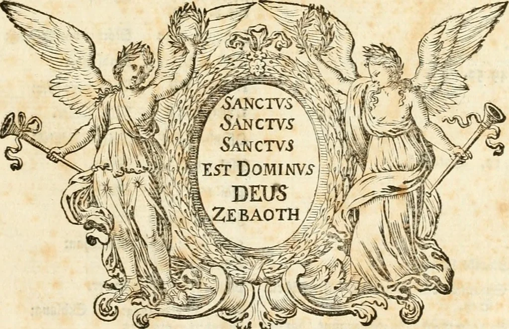 An illustration from Biblisches Engel- u[nd] Kunst Werck : alles das jenige, was in heiliger göttlicher Schrifft Altes und Neuen Testaments von den heiligen Engeln Gottes dero erscheinungen tersichtungen bottschaffte[n] u[nd] gesandschaffte[n], auf mancherley Art und Weise auss Göttlicher Verordnung zu finden ist ... : in zierlichen Kupffern, mit beijgefügten Teutschen Erklärungs und Andachts- Reimen vorstellend : mit Fleiss zusammen getragen, in Kupfer gestochen und verlegt, 1694, leaf 94