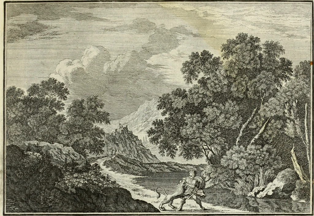 An illustration from Biblisches Engel- u. Kunst Werck : alles das jenige, was in heiliger göttlicher Schrifft Altes und Neuen Testaments von den heiligen Engels Gottes ... zu finden ist ... in zierlichen Kupffern, mit beygefüngten teutschen Erklärungs und Andachs-Reimen vorstellend, 1705, leaf 100