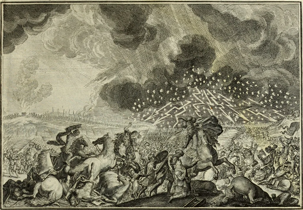 An illustration from Biblisches Engel- u. Kunst Werck : alles das jenige, was in heiliger göttlicher Schrifft Altes und Neuen Testaments von den heiligen Engels Gottes ... zu finden ist ... in zierlichen Kupffern, mit beygefüngten teutschen Erklärungs und Andachs-Reimen vorstellend, 1705, leaf 112