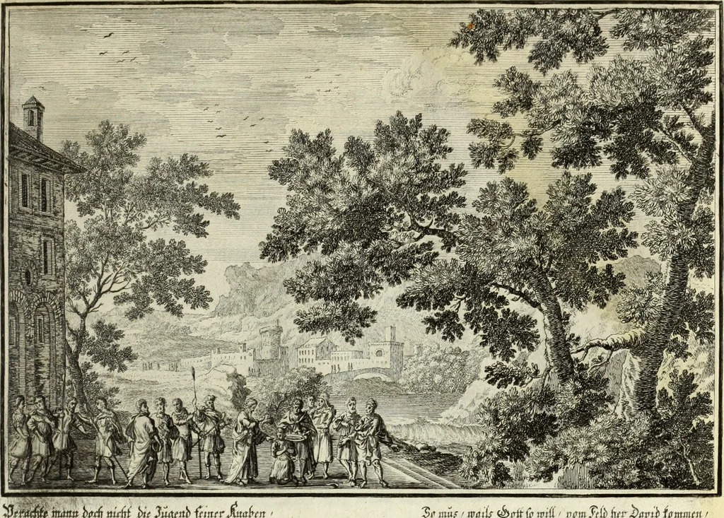 An illustration from Biblisches Engel- u. Kunst Werck : alles das jenige, was in heiliger göttlicher Schrifft Altes und Neuen Testaments von den heiligen Engels Gottes ... zu finden ist ... in zierlichen Kupffern, mit beygefüngten teutschen Erklärungs und Andachs-Reimen vorstellend, 1705, leaf 116