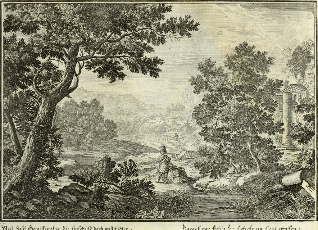 An illustration from Biblisches Engel- u. Kunst Werck : alles das jenige, was in heiliger göttlicher Schrifft Altes und Neuen Testaments von den heiligen Engels Gottes ... zu finden ist ... in zierlichen Kupffern, mit beygefüngten teutschen Erklärungs und Andachs-Reimen vorstellend, 1705, leaf 120