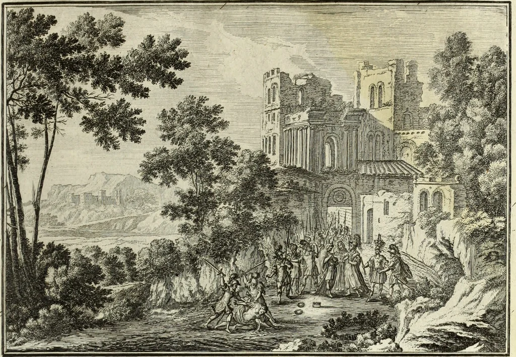 An illustration from Biblisches Engel- u. Kunst Werck : alles das jenige, was in heiliger göttlicher Schrifft Altes und Neuen Testaments von den heiligen Engels Gottes ... zu finden ist ... in zierlichen Kupffern, mit beygefüngten teutschen Erklärungs und Andachs-Reimen vorstellend, 1705, leaf 126