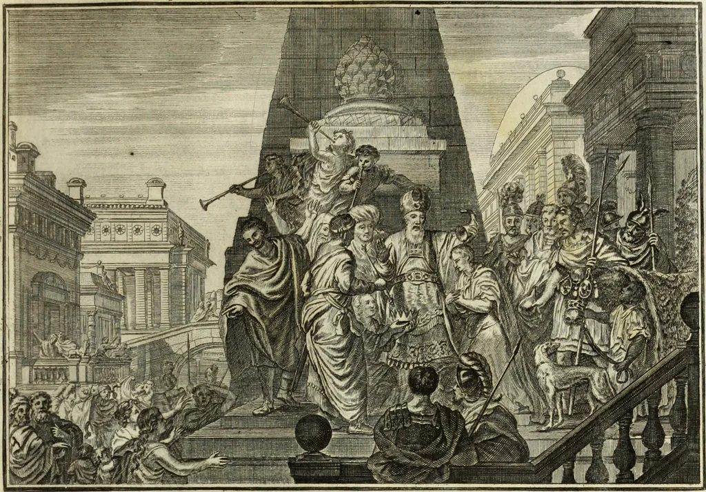 An illustration from Biblisches Engel- u. Kunst Werck : alles das jenige, was in heiliger göttlicher Schrifft Altes und Neuen Testaments von den heiligen Engels Gottes ... zu finden ist ... in zierlichen Kupffern, mit beygefüngten teutschen Erklärungs und Andachs-Reimen vorstellend, 1705, leaf 134