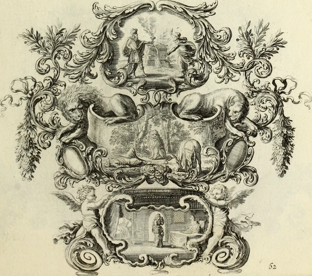 An illustration from Biblisches Engel- u. Kunst Werck : alles das jenige, was in heiliger göttlicher Schrifft Altes und Neuen Testaments von den heiligen Engels Gottes ... zu finden ist ... in zierlichen Kupffern, mit beygefüngten teutschen Erklärungs und Andachs-Reimen vorstellend, 1705, leaf 144