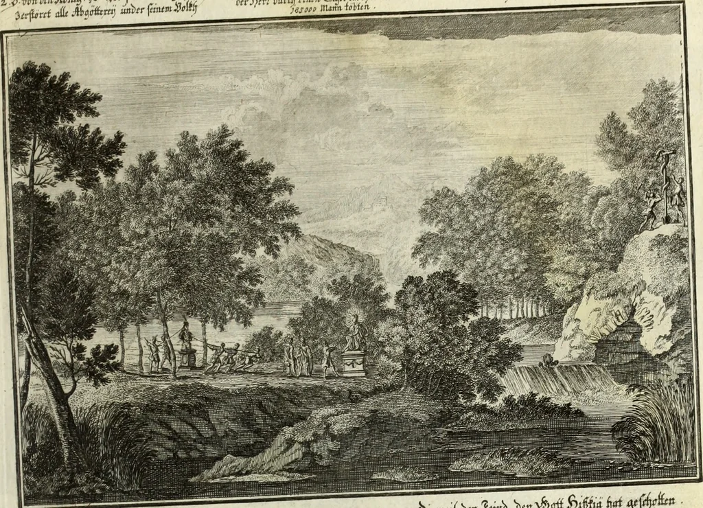 An illustration from Biblisches Engel- u. Kunst Werck : alles das jenige, was in heiliger göttlicher Schrifft Altes und Neuen Testaments von den heiligen Engels Gottes ... zu finden ist ... in zierlichen Kupffern, mit beygefüngten teutschen Erklärungs und Andachs-Reimen vorstellend, 1705, leaf 160