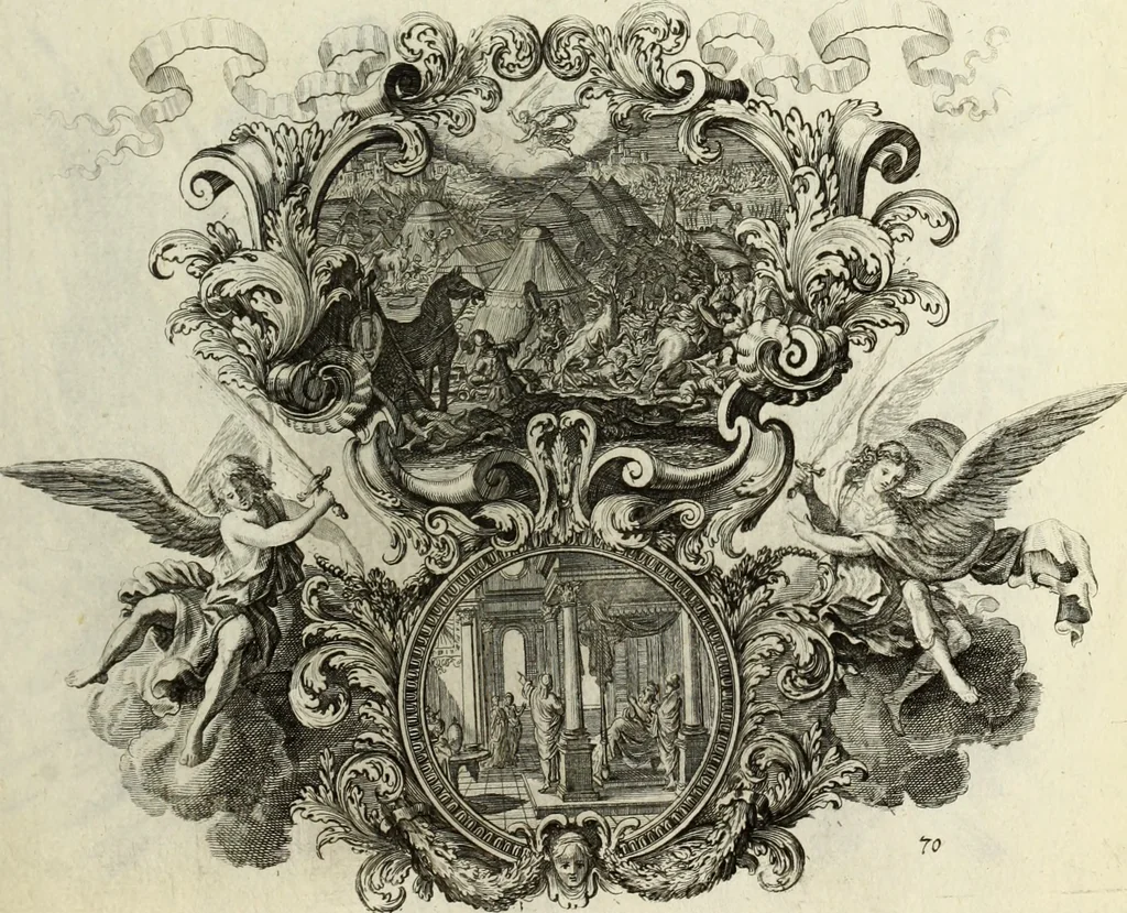An illustration from Biblisches Engel- u. Kunst Werck : alles das jenige, was in heiliger göttlicher Schrifft Altes und Neuen Testaments von den heiligen Engels Gottes ... zu finden ist ... in zierlichen Kupffern, mit beygefüngten teutschen Erklärungs und Andachs-Reimen vorstellend, 1705, leaf 160