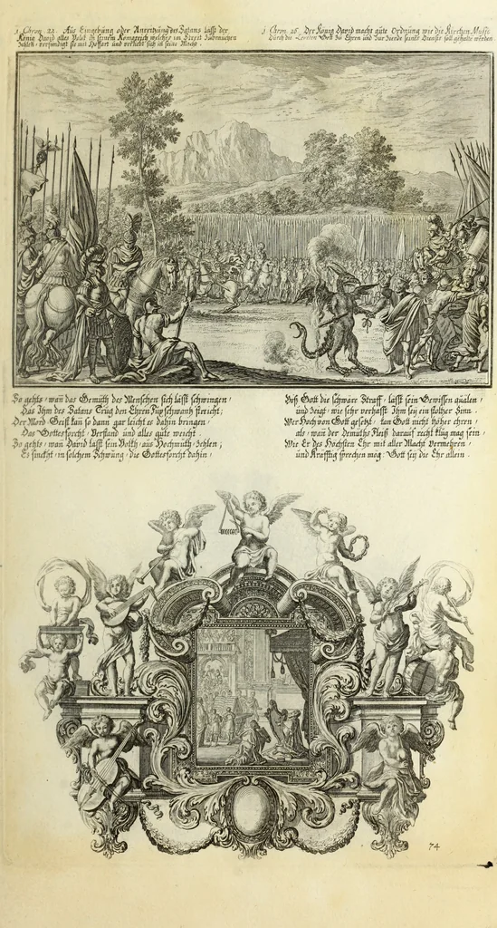 An illustration from Biblisches Engel- u. Kunst Werck : alles das jenige, was in heiliger göttlicher Schrifft Altes und Neuen Testaments von den heiligen Engels Gottes ... zu finden ist ... in zierlichen Kupffern, mit beygefüngten teutschen Erklärungs und Andachs-Reimen vorstellend, 1705, leaf 168