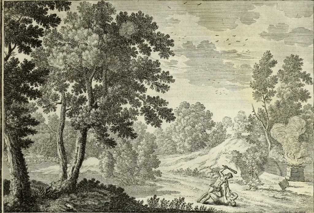 An illustration from Biblisches Engel- u. Kunst Werck : alles das jenige, was in heiliger göttlicher Schrifft Altes und Neuen Testaments von den heiligen Engels Gottes ... zu finden ist ... in zierlichen Kupffern, mit beygefüngten teutschen Erklärungs und Andachs-Reimen vorstellend, 1705, leaf 18