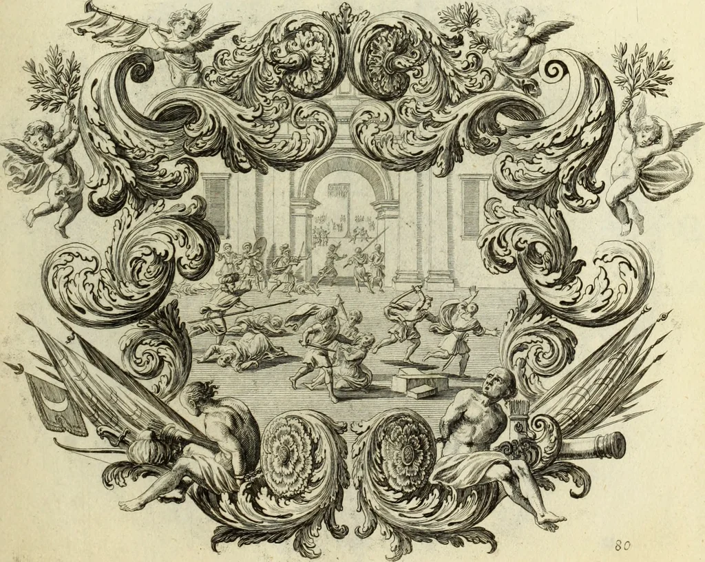 An illustration from Biblisches Engel- u. Kunst Werck : alles das jenige, was in heiliger göttlicher Schrifft Altes und Neuen Testaments von den heiligen Engels Gottes ... zu finden ist ... in zierlichen Kupffern, mit beygefüngten teutschen Erklärungs und Andachs-Reimen vorstellend, 1705, leaf 184