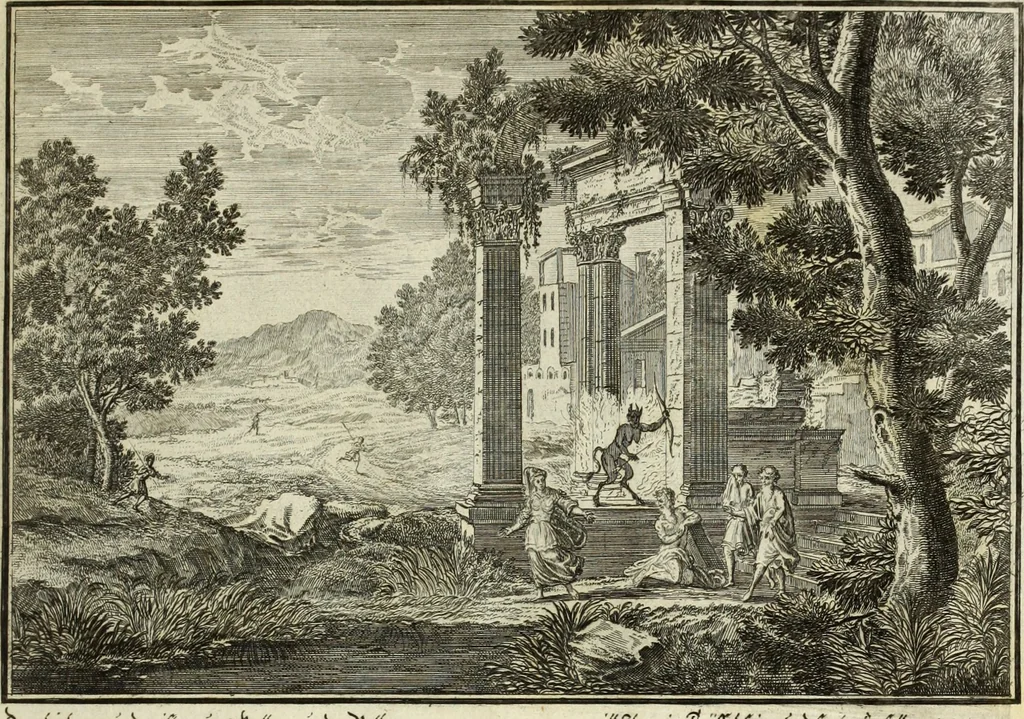 An illustration from Biblisches Engel- u. Kunst Werck : alles das jenige, was in heiliger göttlicher Schrifft Altes und Neuen Testaments von den heiligen Engels Gottes ... zu finden ist ... in zierlichen Kupffern, mit beygefüngten teutschen Erklärungs und Andachs-Reimen vorstellend, 1705, leaf 186