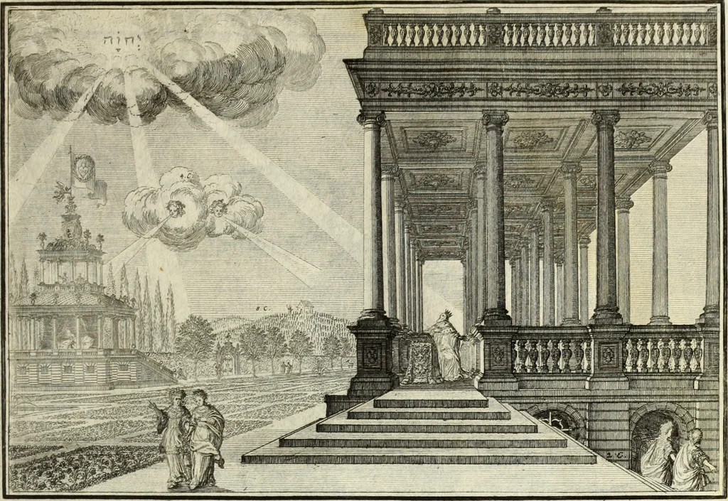 An illustration from Biblisches Engel- u. Kunst Werck : alles das jenige, was in heiliger göttlicher Schrifft Altes und Neuen Testaments von den heiligen Engels Gottes ... zu finden ist ... in zierlichen Kupffern, mit beygefüngten teutschen Erklärungs und Andachs-Reimen vorstellend, 1705, leaf 194