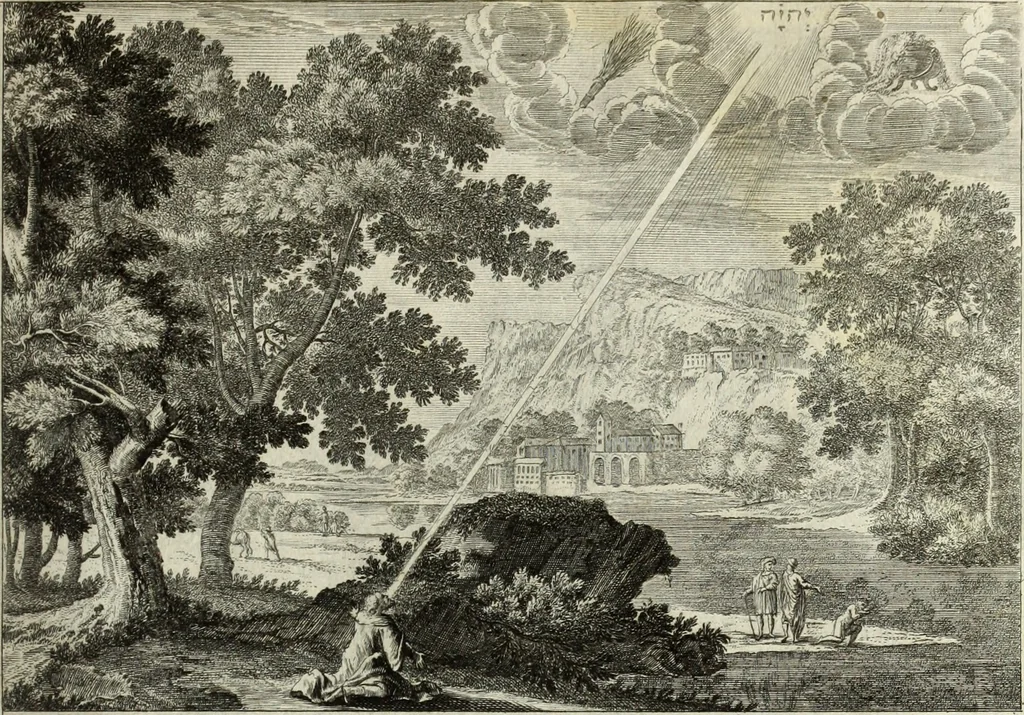 An illustration from Biblisches Engel- u. Kunst Werck : alles das jenige, was in heiliger göttlicher Schrifft Altes und Neuen Testaments von den heiligen Engels Gottes ... zu finden ist ... in zierlichen Kupffern, mit beygefüngten teutschen Erklärungs und Andachs-Reimen vorstellend, 1705, leaf 198