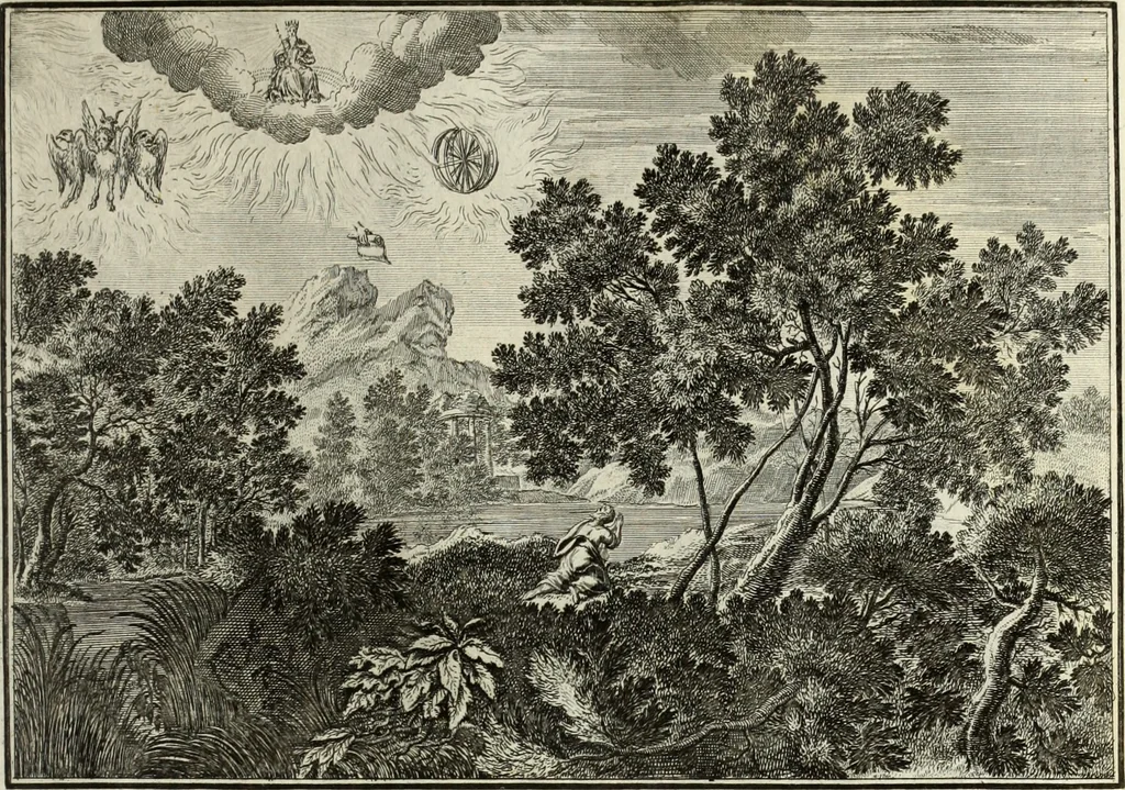 An illustration from Biblisches Engel- u. Kunst Werck : alles das jenige, was in heiliger göttlicher Schrifft Altes und Neuen Testaments von den heiligen Engels Gottes ... zu finden ist ... in zierlichen Kupffern, mit beygefüngten teutschen Erklärungs und Andachs-Reimen vorstellend, 1705, leaf 200