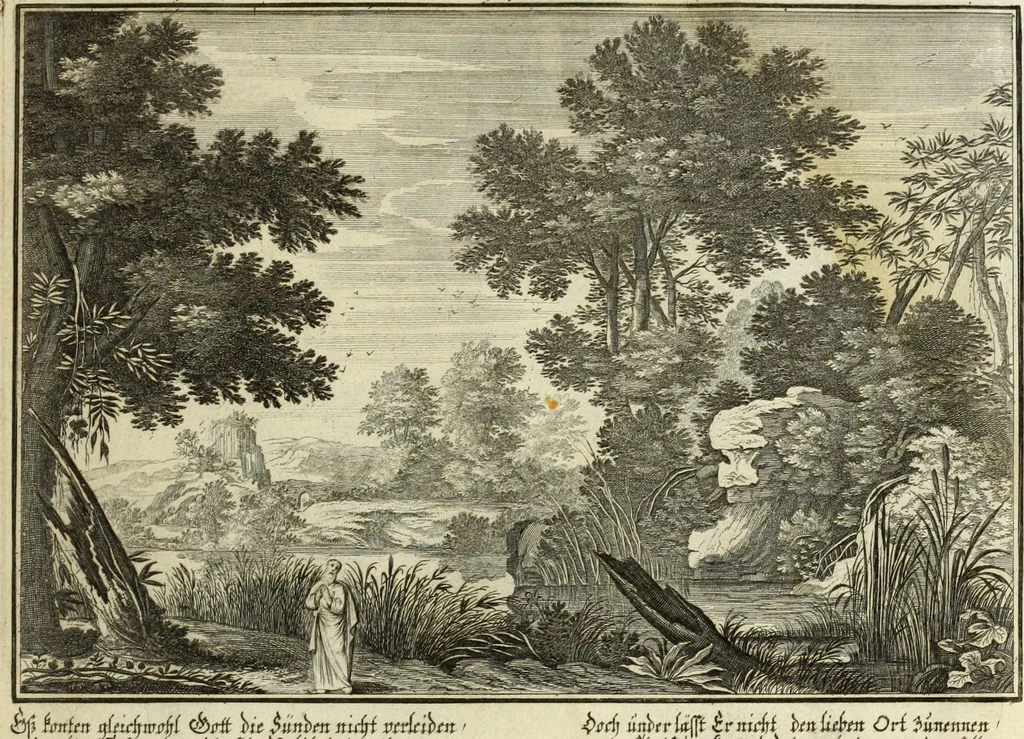 An illustration from Biblisches Engel- u. Kunst Werck : alles das jenige, was in heiliger göttlicher Schrifft Altes und Neuen Testaments von den heiligen Engels Gottes ... zu finden ist ... in zierlichen Kupffern, mit beygefüngten teutschen Erklärungs und Andachs-Reimen vorstellend, 1705, leaf 218