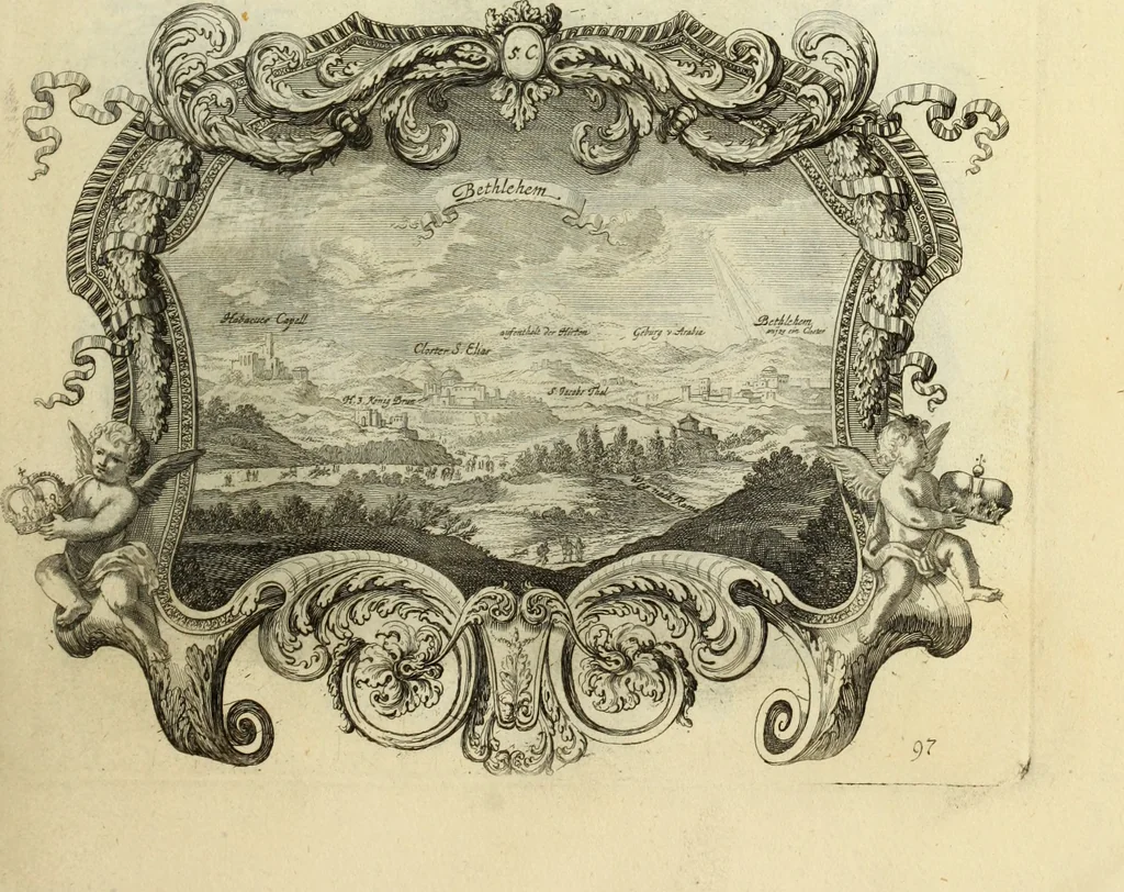 An illustration from Biblisches Engel- u. Kunst Werck : alles das jenige, was in heiliger göttlicher Schrifft Altes und Neuen Testaments von den heiligen Engels Gottes ... zu finden ist ... in zierlichen Kupffern, mit beygefüngten teutschen Erklärungs und Andachs-Reimen vorstellend, 1705, leaf 218