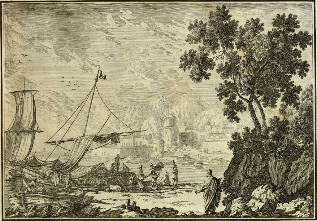 An illustration from Biblisches Engel- u. Kunst Werck : alles das jenige, was in heiliger göttlicher Schrifft Altes und Neuen Testaments von den heiligen Engels Gottes ... zu finden ist ... in zierlichen Kupffern, mit beygefüngten teutschen Erklärungs und Andachs-Reimen vorstellend, 1705, leaf 220