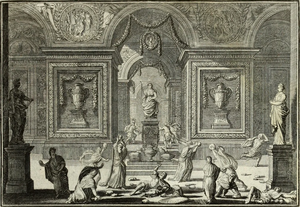 An illustration from Biblisches Engel- u. Kunst Werck : alles das jenige, was in heiliger göttlicher Schrifft Altes und Neuen Testaments von den heiligen Engels Gottes ... zu finden ist ... in zierlichen Kupffern, mit beygefüngten teutschen Erklärungs und Andachs-Reimen vorstellend, 1705, leaf 242