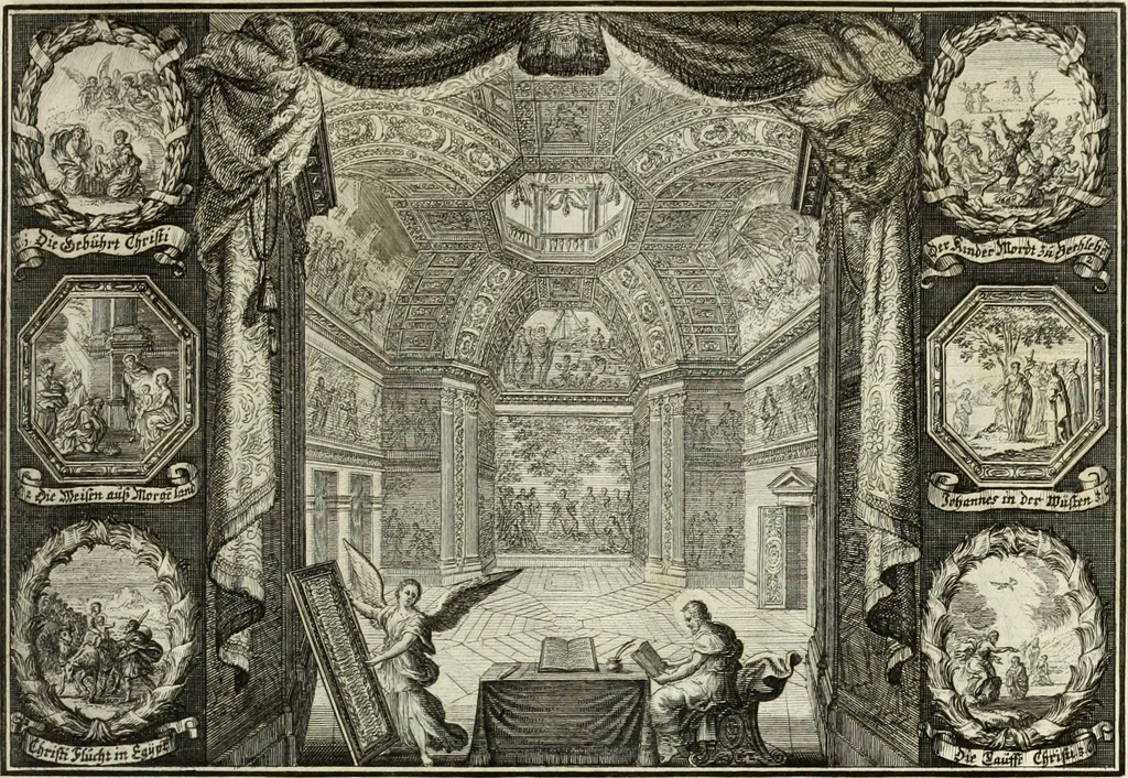 An illustration from Biblisches Engel- u. Kunst Werck : alles das jenige, was in heiliger göttlicher Schrifft Altes und Neuen Testaments von den heiligen Engels Gottes ... zu finden ist ... in zierlichen Kupffern, mit beygefüngten teutschen Erklärungs und Andachs-Reimen vorstellend, 1705, leaf 252