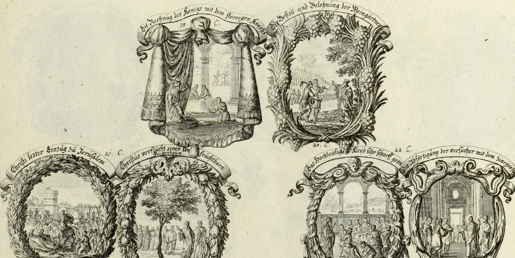 An illustration from Biblisches Engel- u. Kunst Werck : alles das jenige, was in heiliger göttlicher Schrifft Altes und Neuen Testaments von den heiligen Engels Gottes ... zu finden ist ... in zierlichen Kupffern, mit beygefüngten teutschen Erklärungs und Andachs-Reimen vorstellend, 1705, leaf 256